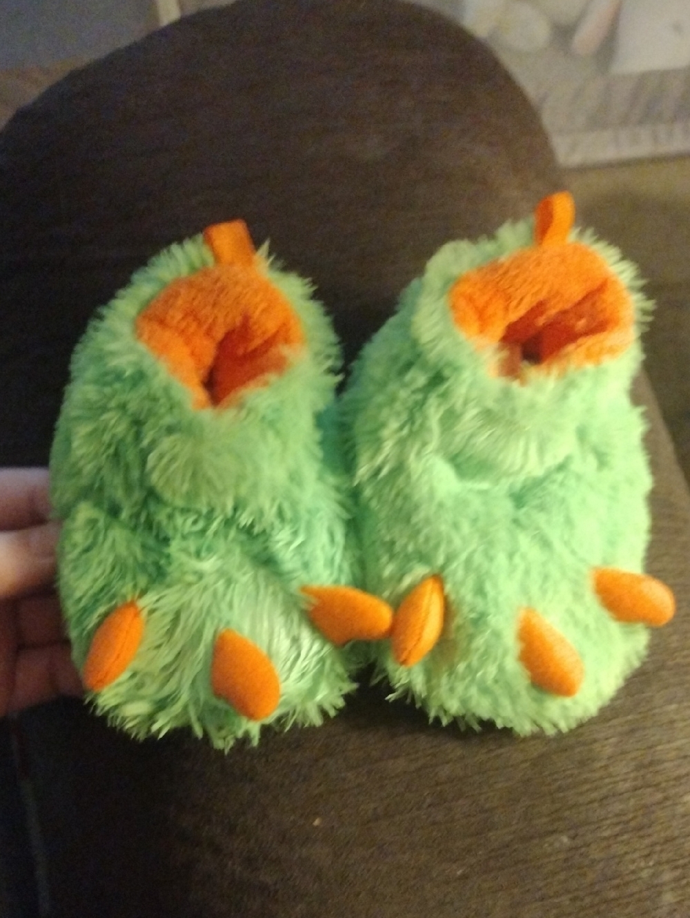 wonder nation Green and Orange Fuzzy Monster Kids Slippers